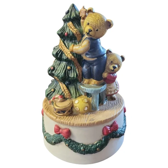Vtg 96 Bears Decorating Christmas Tree We Wish... Christmas Wind Up Music Box - Picture 9 of 14